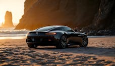 Elegant black luxury car on a Spanish beach during a stunning sunset, capturing serenity and style.
